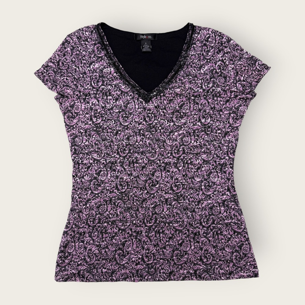 Womens Style & Co Blouse Purple Black Paisley Beaded V-Neck Stretch Top Small